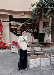 SET461- Set bộ áo be DI mix quần suông viền sọc