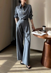 Set338- Set Áo sơ mi xám cổ đức kèm quần suông cúc đồng