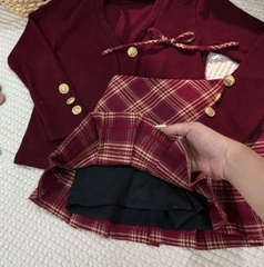 Setkid01- Set váy bé gái màu đỏ cúc đồng thiết kế CV có lót