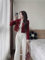 A172- Áo khoác dạ đỏ đô gắn cúc đồng