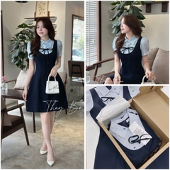 Dam174- Váy xoè ngắn đen phối tay sơ mi kẻ đính nơ