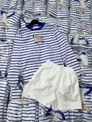 Set706- Set áo thun xước dài tay kẻ xanh phối quần short