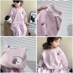 Bt733- Bộ nỉ bông mềm màu hồng quần viền ren bé gái