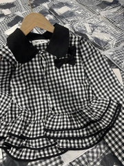 A401- Sơ mi kẻ đen dáng peplum chất thô mềm