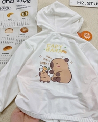 BT312- Áo thông hơi trắng phối có mũ trẻ em hoạ tiết in