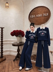 Set1062- Set nỉ haidan Ny xanh than phối quần suông dài