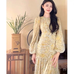 ⚡️BÁN SỈ⚡️Đầm đuôi cá nhún eo tay bồng hoạ tiết hoa vàng