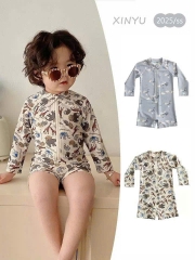 BOI03-COMBO 2 bơi liền thân bé trai xanh-ghi kèm mũ