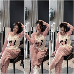 Set806- Bộ cotton hồng in ngựa quần thô  kẻ phối tay