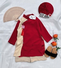 Bt804- Bộ áo dài lụa phối đỏ tặng kèm dây tết chữ thêu