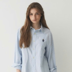 A194-Áo somi nữ kẻ xanh thêu gấu ngực