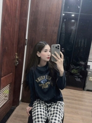 Set800-Set mặc nhà áo thun xanh than phối quần kẻ xanh