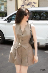 Set869-Set áo gile nâu sát nách phối quần váy vải chéo thái mềm mại