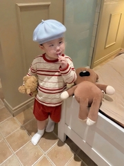 SET1033- Bộ mặc nhà mẹ con áo thun dài tay kẻ đỏ