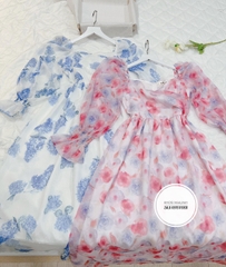 Đầm voan hoa tơ 2 lớp chéo ngực 2 màu xanh, hồng