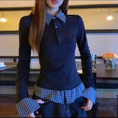 A384- ÁO ZIP CO GIÃN PHỐI CỔ SƠ MI Kẻ