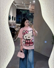 A266- Áo phông dáng rộng Hello kitty màu hồng in pet cao cấp