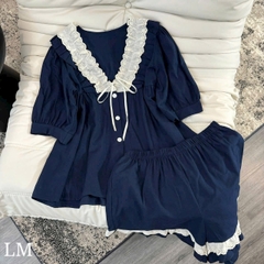 SET494- Bộ mặc nhà xanh than vuền ren chất đũi lụa