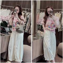 Set902- Set mặc nhà áo thun kẻ hồng phối quần dài bo ống