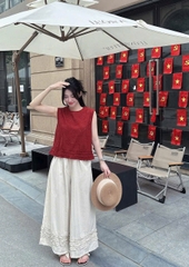 Set594- Set áo thô boi ren đỏ mix quần lien chân bèo dáng suông