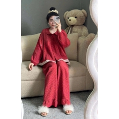 SET464- Set hoa nhí đỏ viền ren dài tay chất musilin
