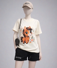 Set866- Set áo thun ngựa cộc phối quần short đen vải umi mềm mát