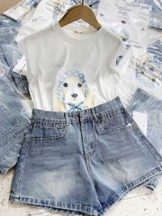 set615- Set áo cotton trắng In Cún mix quần short jeans