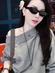 set747- SET áo nỉ dài tay lệch vai phối chân váy xám