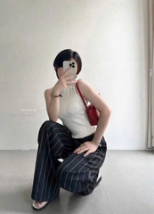 QUAN111-Quần suông kẻ đen cạp chun