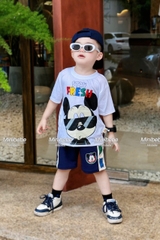 bT592- Bộ mèo kính đen trắng quần phối chất cotton bé trai