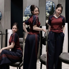 Set878-SEt mặc nhà áo cộc phối quần suông than viền đỏ