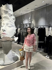 A426- Áo len dệt kim dài tay kẻ trắng hồng