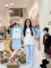 SET772- Bộ mặc nhà gia đình  áo thun quần kẻ suông xanh nhạt