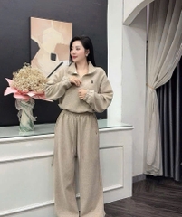 SET812- Bộ mặc nhà áo nỉ díp lông kéo khoá phối quần suông màu nâu