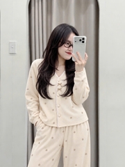 Set1081- Set pijama díp lông mềm màu be đính nơ