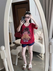 Set619- Set bộ áo cộc đỏ cô gái mix quần viền màu than chất cotton