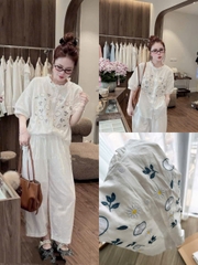 set907-SEt đũi trắng thêu họa tiết áo cộc + quần dài