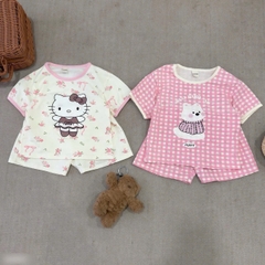 CB303- Combo 2 bộ cộc tay kẻ caro hồng chạy viền chất cotton