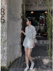 A122-Áo sơmi nữ đũi buộc lệch vạt 2 màu trắng nâu