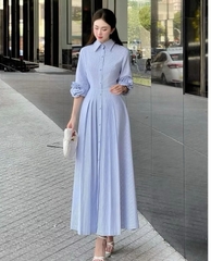 Dam183- Váy kẻ xanh dáng dài đính hoa nổi