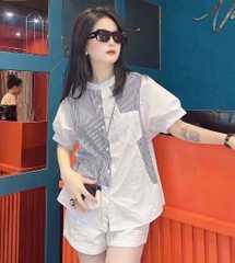 A263- Áo SƠ MI trắng kẻ PHỐI CỔ TẦU chất thô lụa