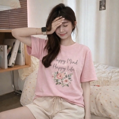 Set882-SEt áo thun hoa phối quần short nâu