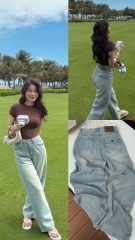 QUAN122- Quần JEANS xanh nhạt suông rộng túi da