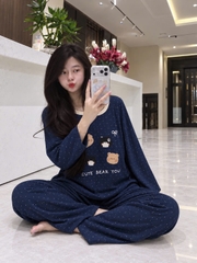 SET1072-SEt xanh thâan chấm bi IN GẤU viền trắng  chất zip lông