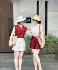 SET652-Set áo sơ mi bèo chấm bi phối quần short tafta đỏ trắng