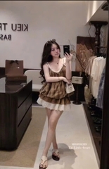 Set975- Set mặc nhà áo 2 dây kẻ nâu phối chân váy ren có BIGSIZE