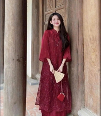 SET344-Set áo dài đỏ cườm 2 lớp dáng tay xoè -SẴN HÀNG