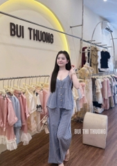 Set924-Set mặc nhà áo 2 dây kẻ phối quần suông