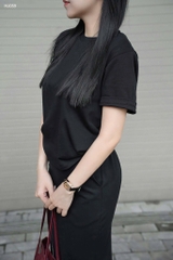 SET742-Bộ áo thun đen phối chân váy midi dài vải mì Hàn