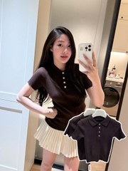 A745-Áo len cộc màu nâu cúc tròn cô đức CAMILLA